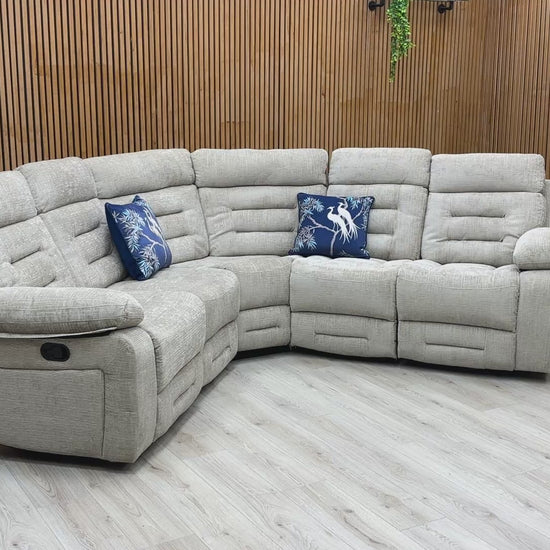 Video preview demonstrating the size, fabric color, and manual recliner movement of the Wilbur Latte Corner Group.