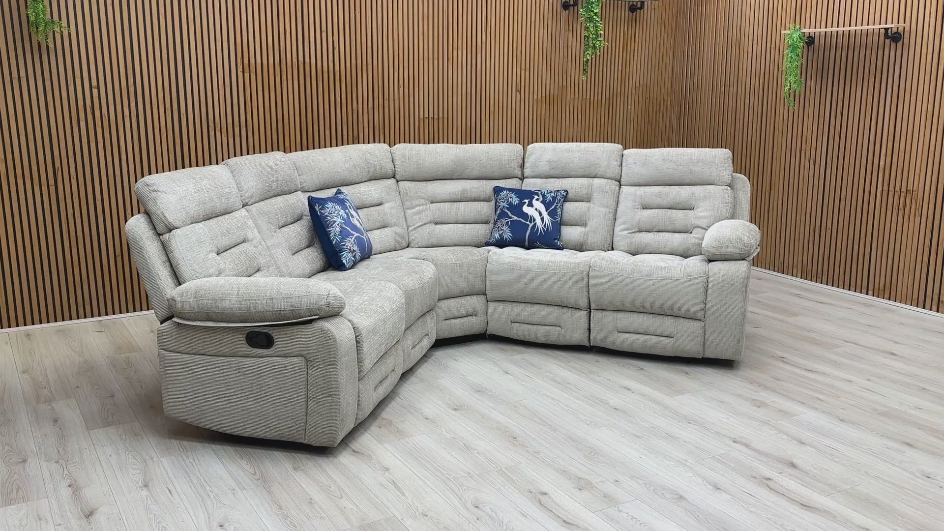 Video preview demonstrating the size, fabric color, and manual recliner movement of the Wilbur Latte Corner Group.