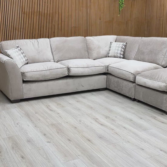 Video tour of the Rosie Kingston mink fabric sofa, demonstrating the fabric texture, scale, and comfort of the chaise end.