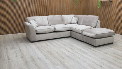 Video tour of the Rosie Kingston mink fabric sofa, demonstrating the fabric texture, scale, and comfort of the chaise end.