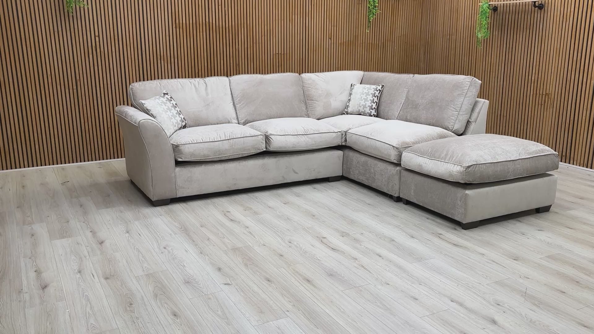 Video tour of the Rosie Kingston mink fabric sofa, demonstrating the fabric texture, scale, and comfort of the chaise end.