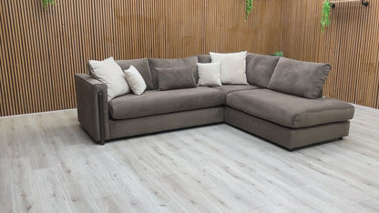 Video walk-through of the Barney espresso brown chaise corner sofa, showing seat depth and fabric quality.