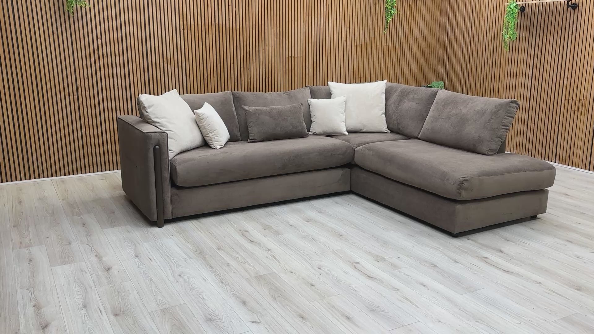 Video walk-through of the Barney espresso brown chaise corner sofa, showing seat depth and fabric quality.