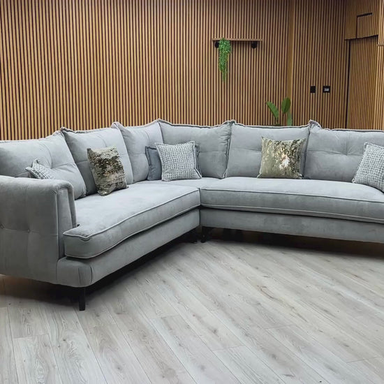 Video Of ‘Farrah’ contemporary large corner sectional sofa, beautifully upholstered in high-grade Riga Silver and Zena Silver fabric with a sophisticated modern design.