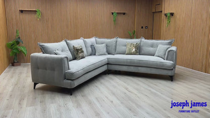 Video Of ‘Farrah’ contemporary large corner sectional sofa, beautifully upholstered in high-grade Riga Silver and Zena Silver fabric with a sophisticated modern design.