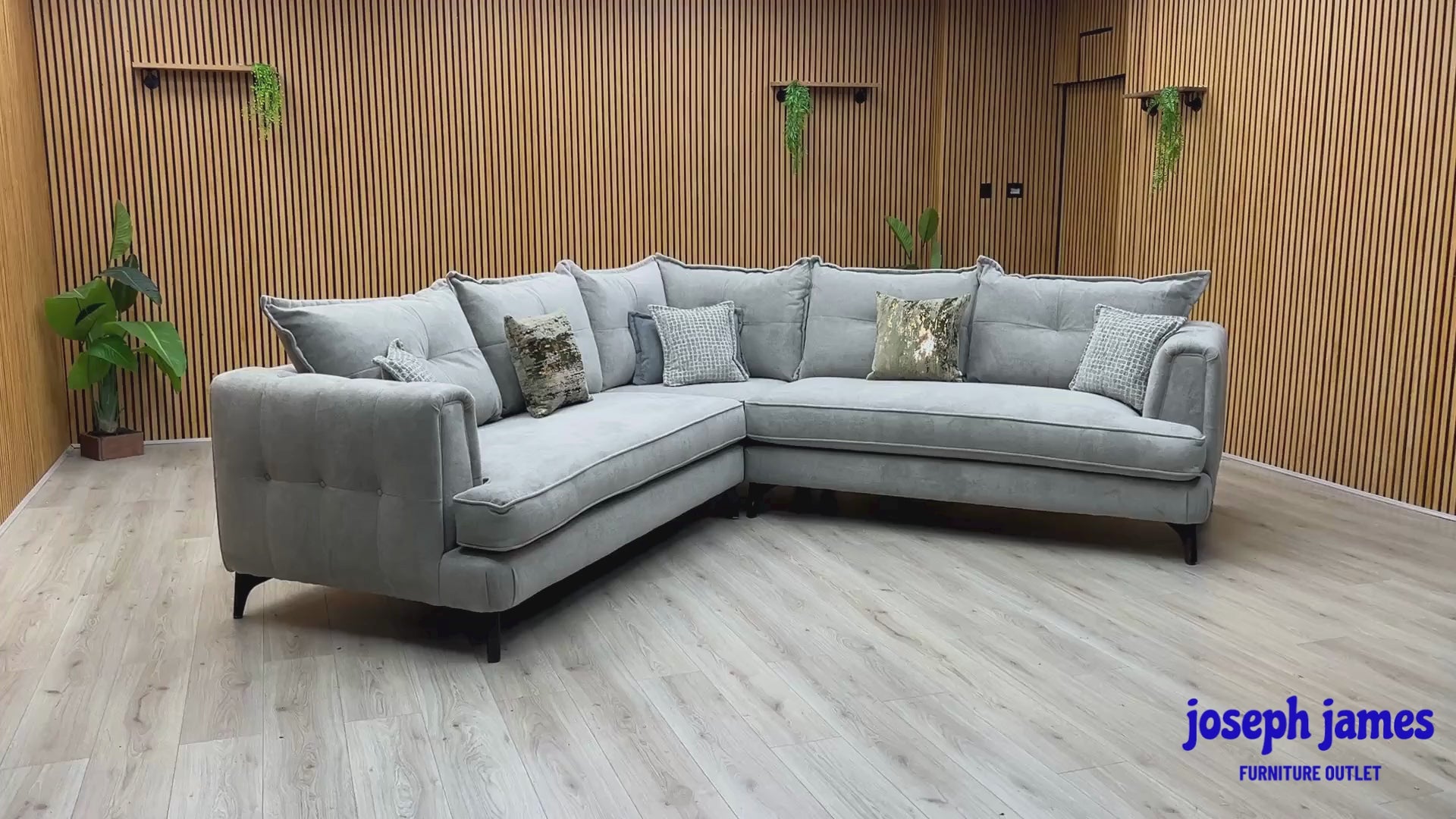Video Of ‘Farrah’ contemporary large corner sectional sofa, beautifully upholstered in high-grade Riga Silver and Zena Silver fabric with a sophisticated modern design.