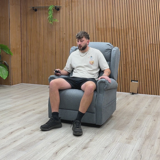 Video Of ‘Edin’ contemporary electric mobility armchair, beautifully upholstered in a durable, soft Grey fabric with an ergonomic high-back design.