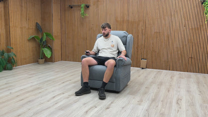 Video Of ‘Edin’ contemporary electric mobility armchair, beautifully upholstered in a durable, soft Grey fabric with an ergonomic high-back design.
