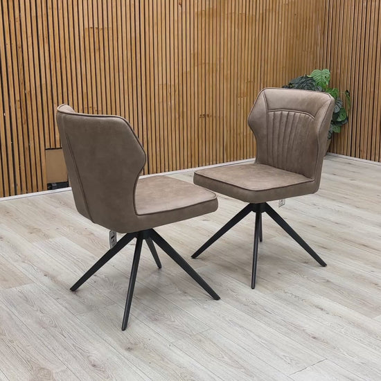 Product video tour of the ‘Aydin’ Tan Brown Faux Leather Swivel Dining Chairs, demonstrating the smooth auto-return swivel mechanism, fabric durability, and overall structural stability.