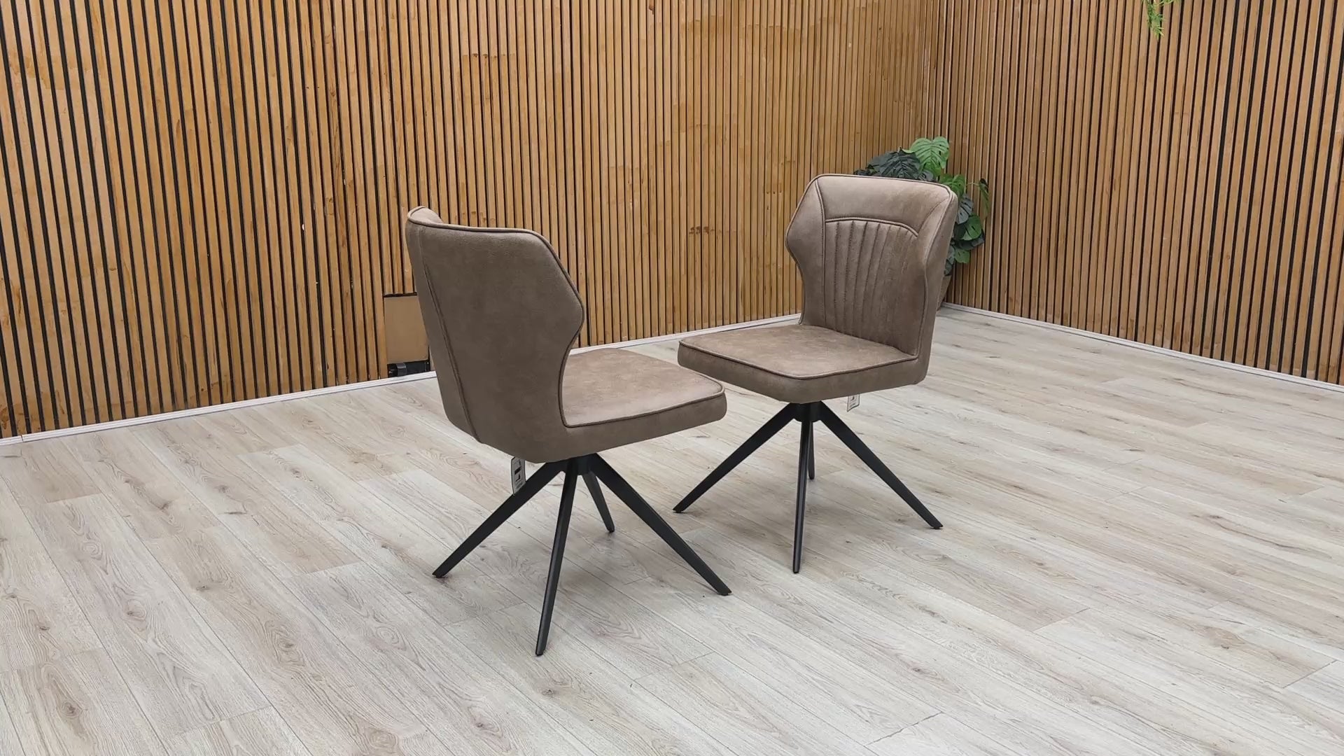Product video tour of the ‘Aydin’ Tan Brown Faux Leather Swivel Dining Chairs, demonstrating the smooth auto-return swivel mechanism, fabric durability, and overall structural stability.