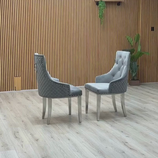 Video Of ‘Dolce’ contemporary dining chairs, showing a matching set of 2 individual chairs beautifully upholstered in a luxurious, soft-touch grey velvet fabric with an elegant button-back design.