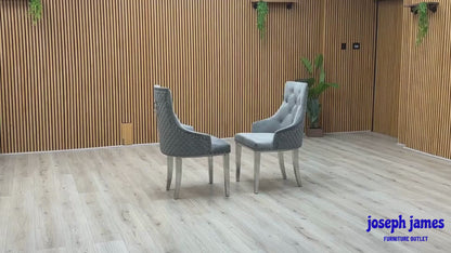 Video Of ‘Dolce’ contemporary dining chairs, showing a matching set of 2 individual chairs beautifully upholstered in a luxurious, soft-touch grey velvet fabric with an elegant button-back design.
