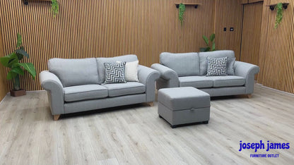 ‘Angelic’ Ash Grey Cotswold Plain Fabric 2 Seater Sofa + 2 Seater Sofa + Storage Footstool Set