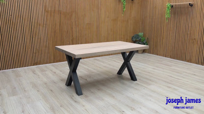 Bodahl 'Terra' 8 Vintage Grey Solid Oak 160cm Straight Edge Compact Dining Table with X-Shaped Legs with Grey Leather Cantilever Dining Chairs - Set of 4