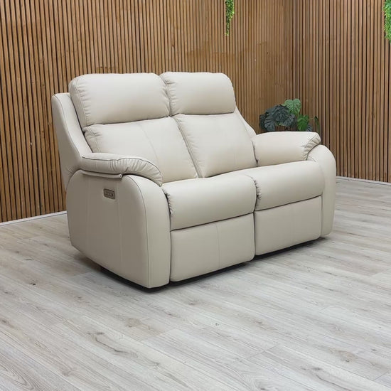 Product video tour of the G Plan ‘Kingsbury’ Cambridge Stone Power Recliner Sofa, demonstrating the smooth reclining mechanism, independent power headrests, and lumbar function.