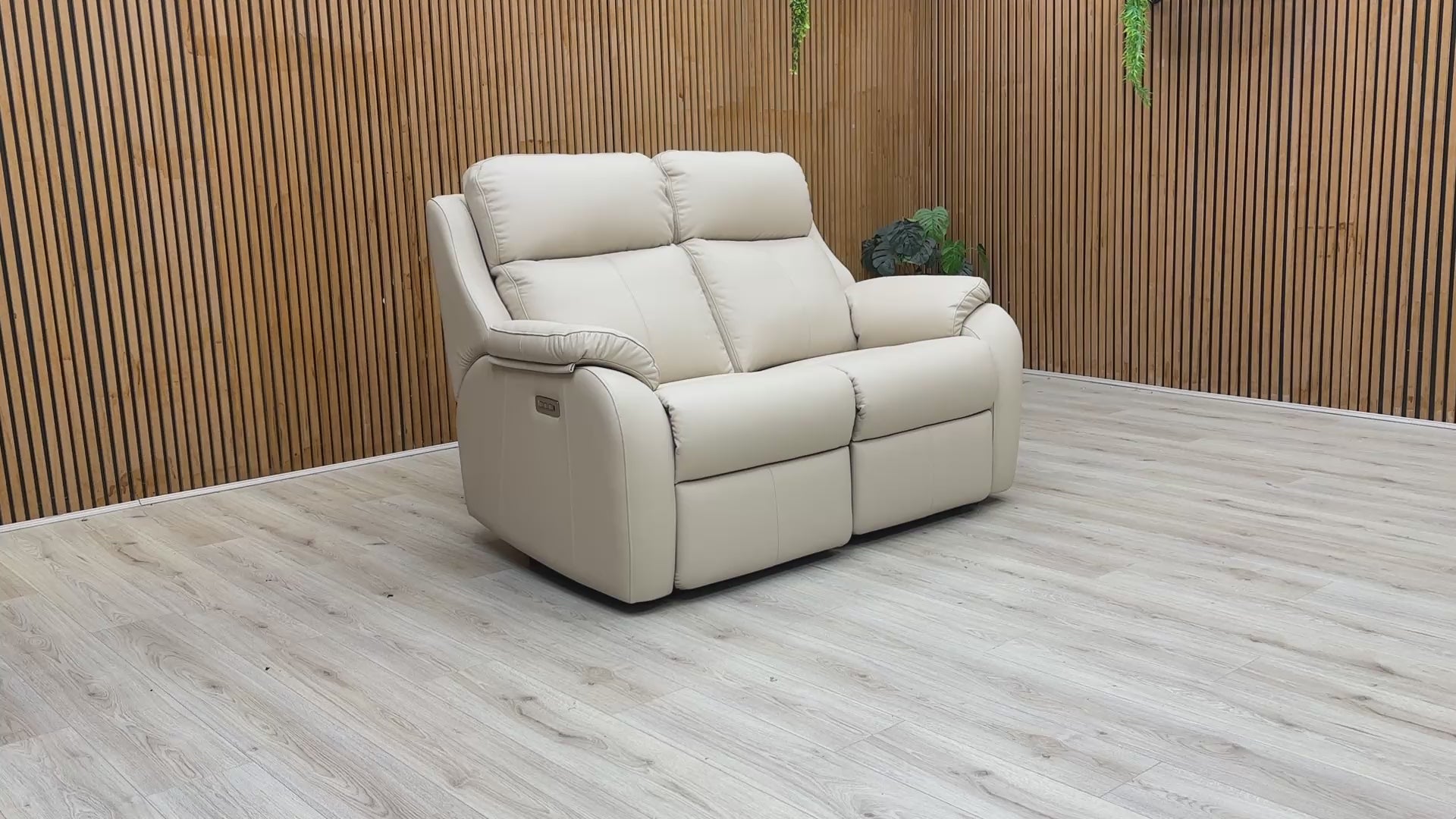 Product video tour of the G Plan ‘Kingsbury’ Cambridge Stone Power Recliner Sofa, demonstrating the smooth reclining mechanism, independent power headrests, and lumbar function.