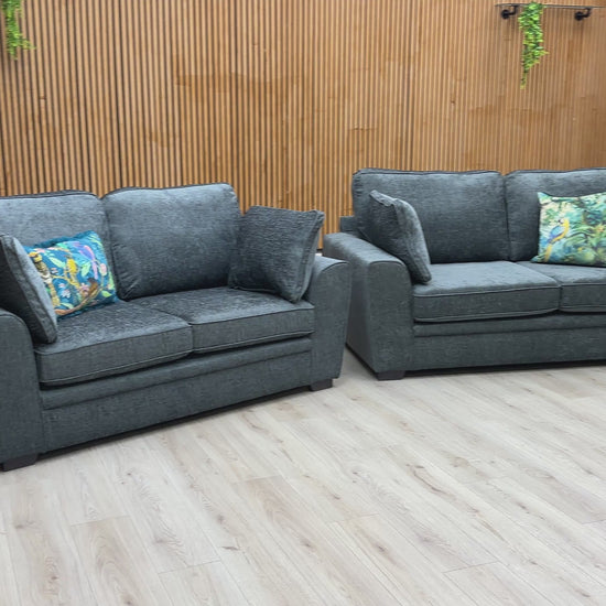 Video of size, fabric, and features of the 'Chalfont' Elite Charcoal Grey Linen Fabric Sofa Set.