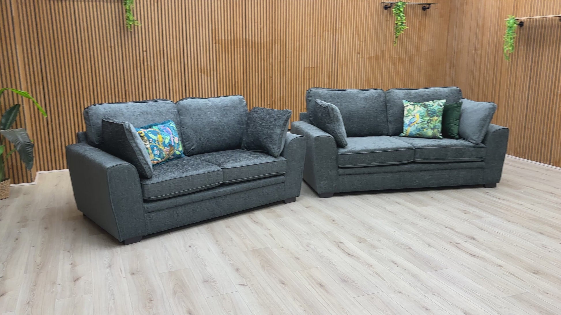 Video of size, fabric, and features of the 'Chalfont' Elite Charcoal Grey Linen Fabric Sofa Set.