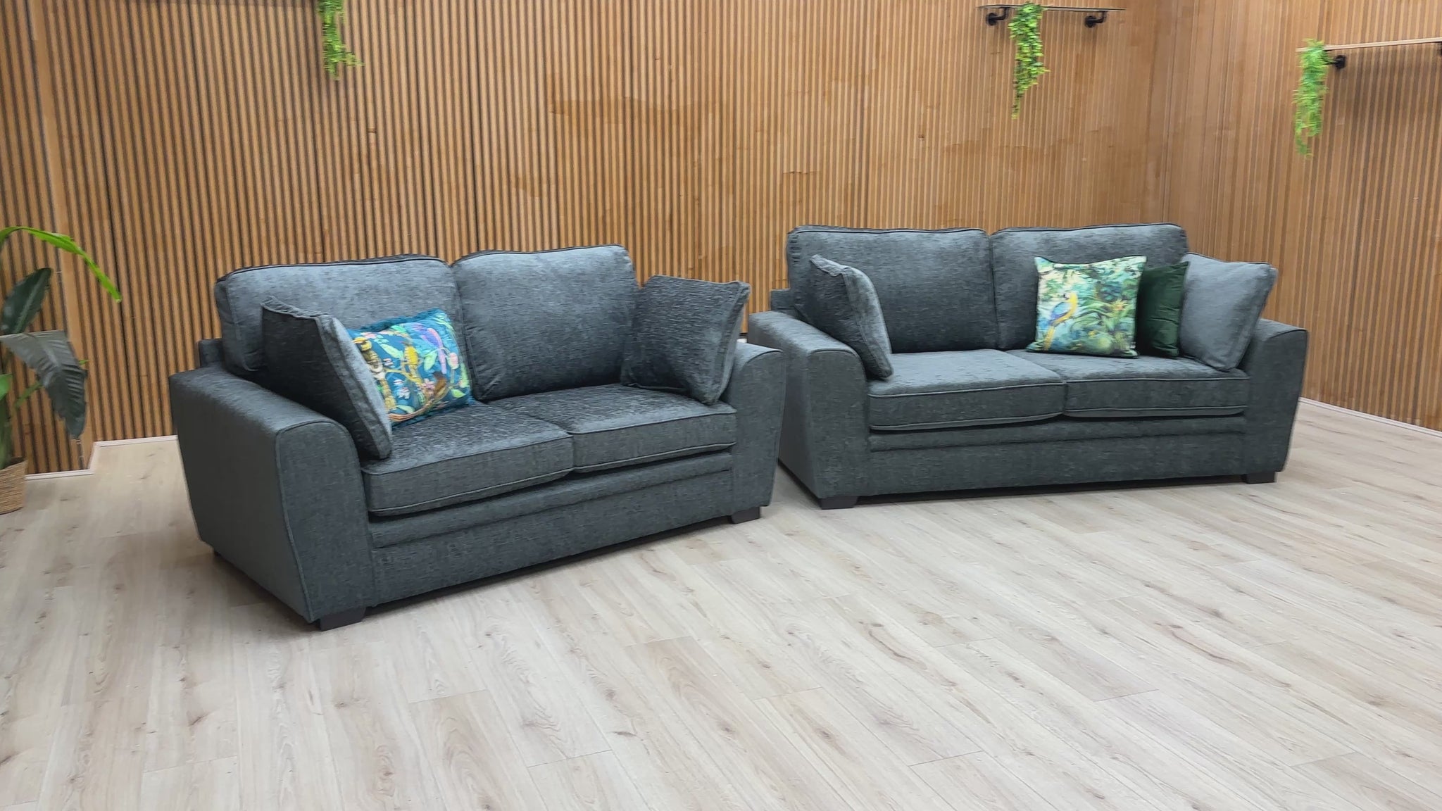 Video of size, fabric, and features of the 'Chalfont' Elite Charcoal Grey Linen Fabric Sofa Set.