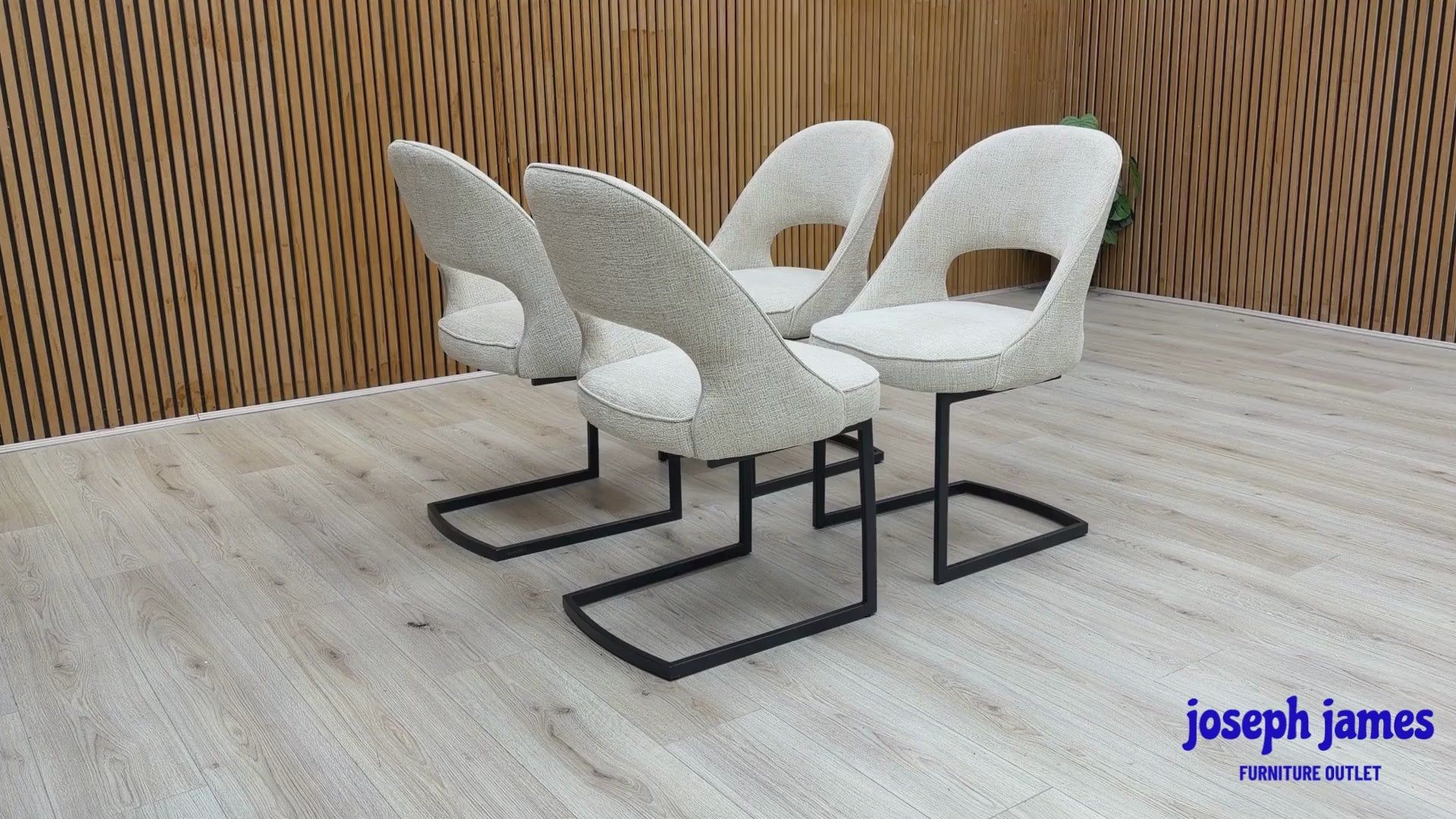 Video Of 'Tiber’ contemporary dining suite, featuring a matching set of 4 cantilever dining chairs beautifully upholstered in a sophisticated Alabaster Beige fabric.