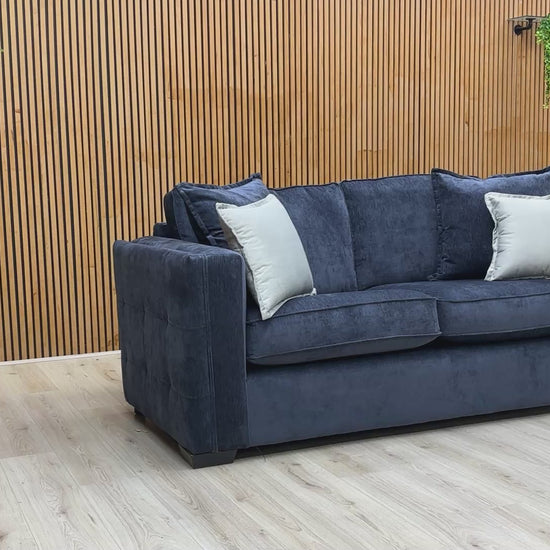 Video tour of the Chelsea 3-seater sofa, highlighting the soft Derwent denim blue fabric and spacious seating.