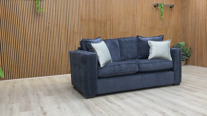 Video tour of the Chelsea 3-seater sofa, highlighting the soft Derwent denim blue fabric and spacious seating.