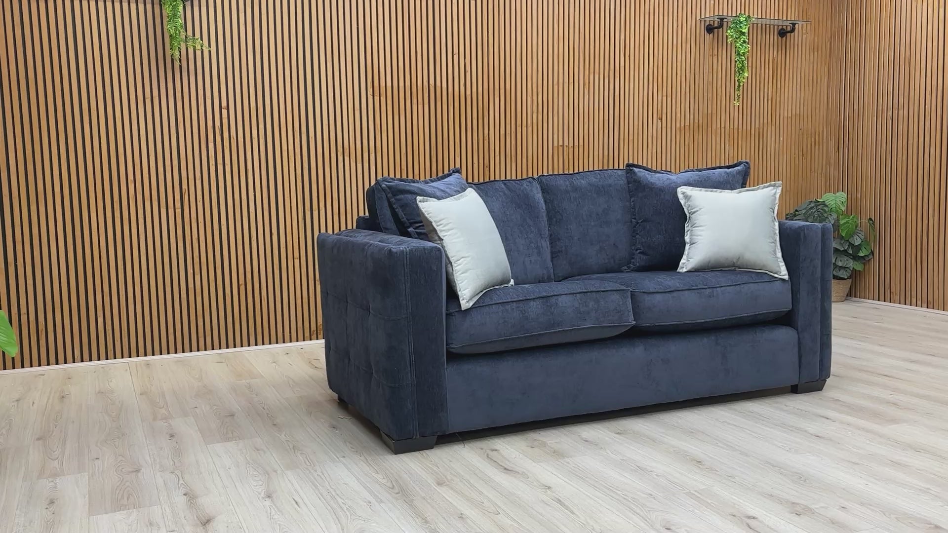 Video tour of the Chelsea 3-seater sofa, highlighting the soft Derwent denim blue fabric and spacious seating.