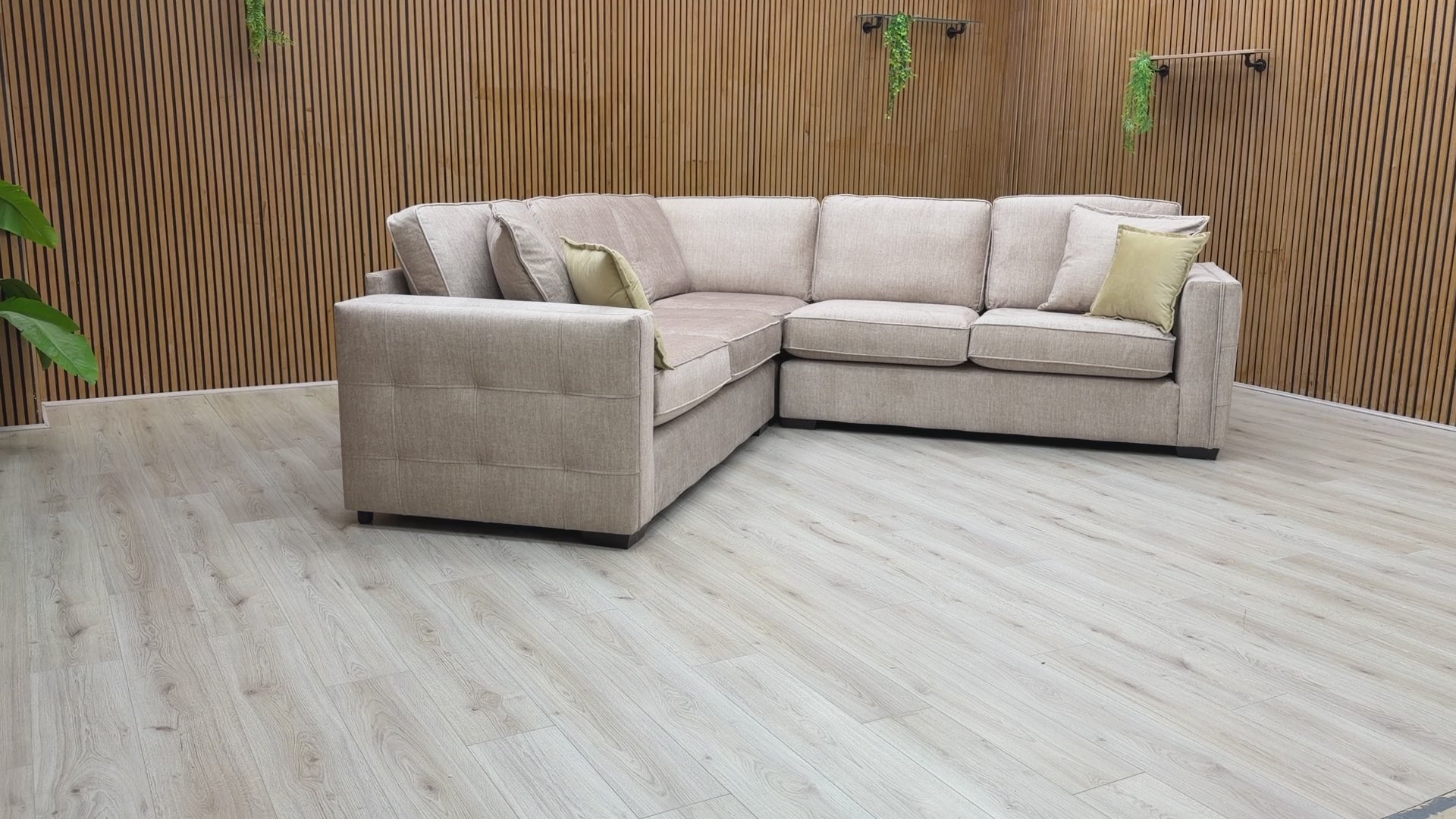 Product walkthrough of the Chelsea 2 Corner 2 sofa, demonstrating the velvet’s sheen, cushion firmness, and modular assembly.