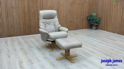 ‘Bruges’ Pebble Cream Faux Leather Swivel Recliner Chair and Footstool