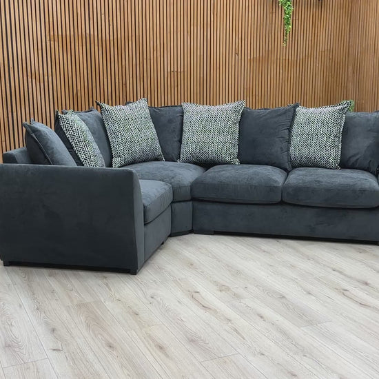 Product walkthrough video demonstrating the Havana sofa, showcasing the soft fabric texture, cushion bounce resilience, and the scale of the left-hand corner layout.