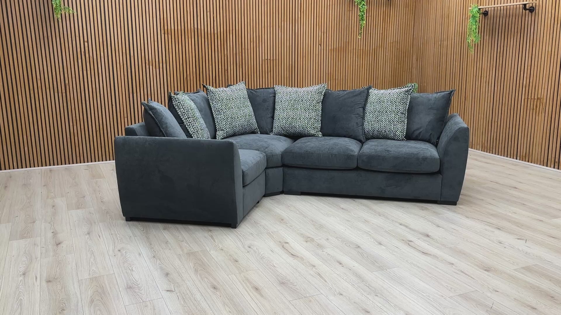 Product walkthrough video demonstrating the Havana sofa, showcasing the soft fabric texture, cushion bounce resilience, and the scale of the left-hand corner layout.
