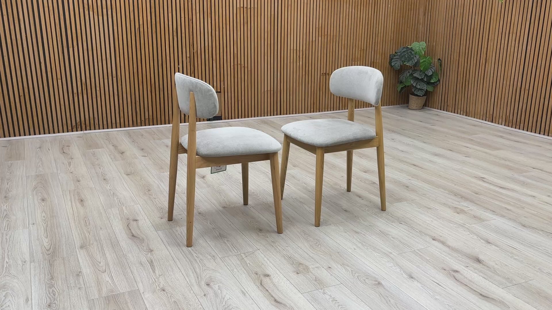 Product video tour of the ‘Stockholm’ Light Oak Wooden Dining Chairs, demonstrating the smooth tactile finish of the wood, structural stability, and weight-bearing strength.