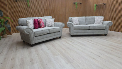 Video for a clip demonstrating the features and woven sage green fabric texture of the 'Clara' Sofa Set.