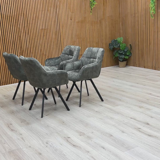 Video preview of the 'Jade' Olive Green Velvet Swivel Dining Chair, demonstrating the 360-degree swivel function.