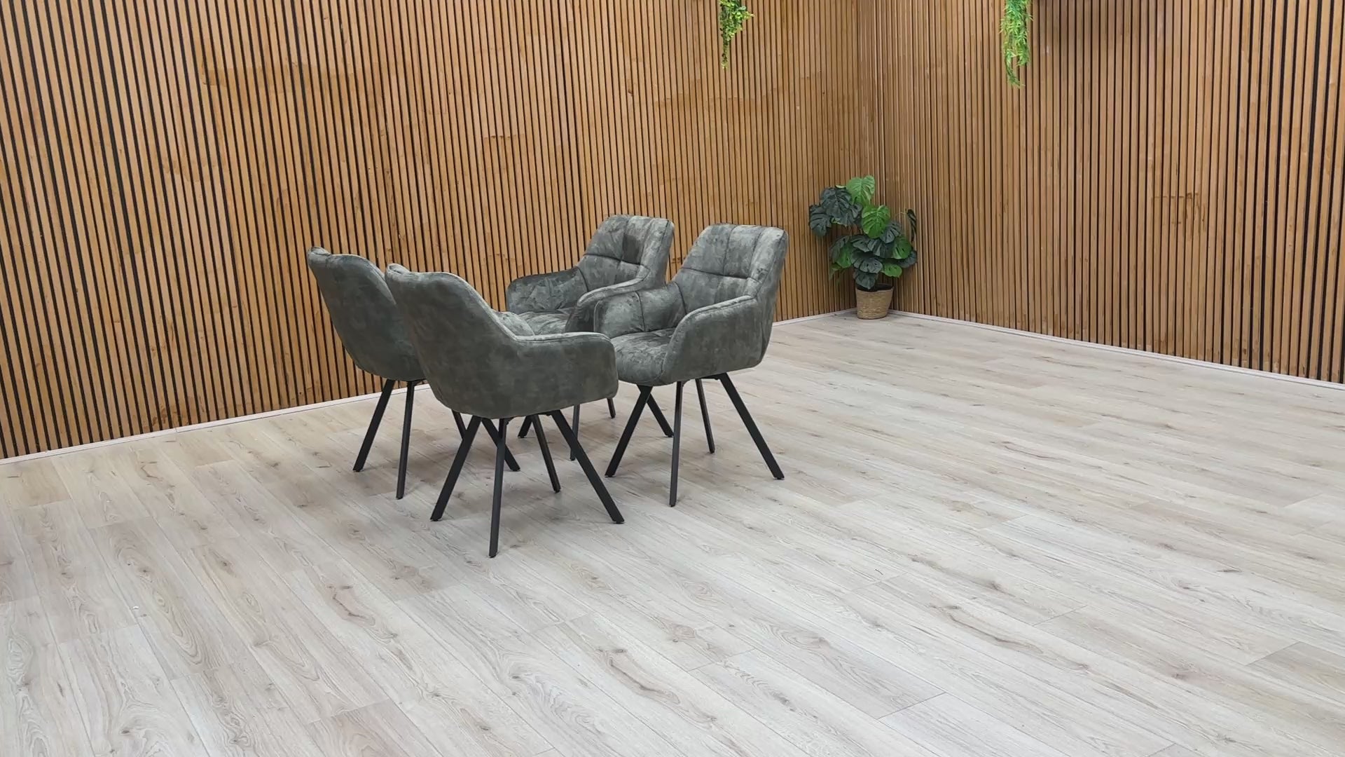 Video preview of the 'Jade' Olive Green Velvet Swivel Dining Chair, demonstrating the 360-degree swivel function.