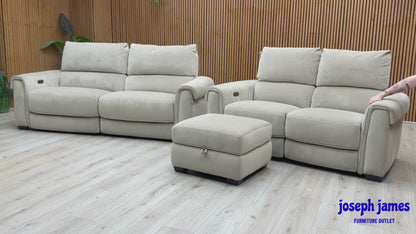 ‘Nixon’ Fab-Coe-R120 Light Khaki Velvet Fabric 3 + 2 Seater Power Recliner Sofa Set + Storage Footstool