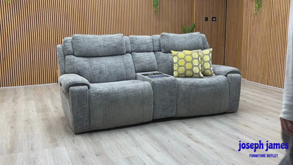 ‘Hollywood’ Fab-Mga-R09 Dove Grey Woven Fabric 3 Seater Power Recliner Media Sofa with Power Headrests and Storage Arms