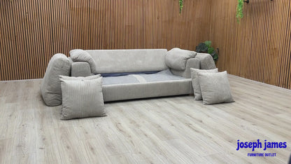 ‘Celine’ Mink and Mocha Jumbo Cord Fabric 3 Seater Pillow Back Deluxe Sofa Bed