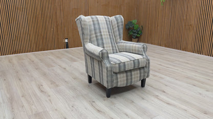 Video for a clip demonstrating the features and style of the 'Shirley' Taupe and Grey Checkered Fabric Accent Chair.