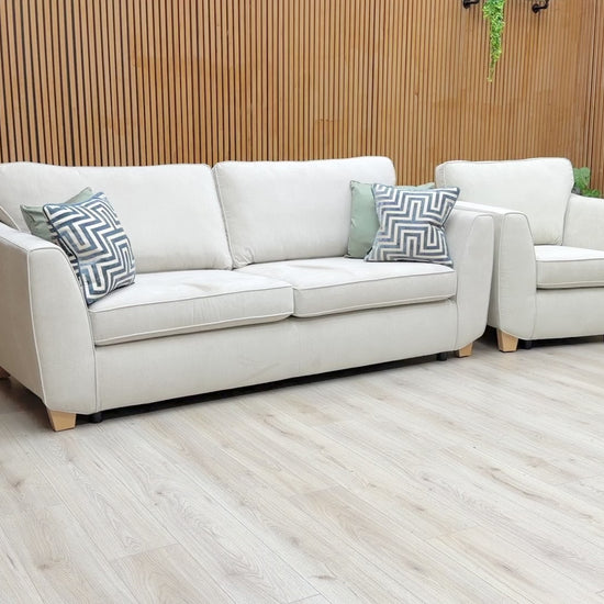 Product video tour of the ‘Orlby’ Silver Plaza Linen 4-Seater Sofa and Chair, demonstrating the fabric’s weave, cushion comfort, and large-scale proportions.