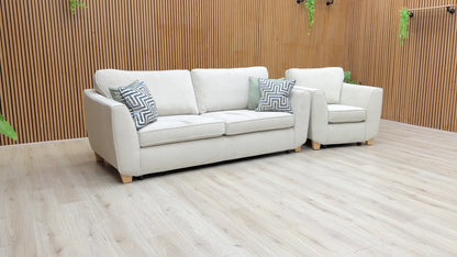 Product video tour of the ‘Orlby’ Silver Plaza Linen 4-Seater Sofa and Chair, demonstrating the fabric’s weave, cushion comfort, and large-scale proportions.