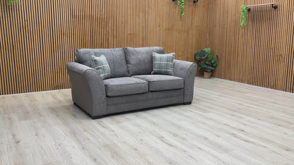Product video tour of the ‘Sophie’ Dark Grey Woven Fabric Sofa Bed, demonstrating the smooth transition from a comfortable 2-seater sofa to a flat sleeping surface.