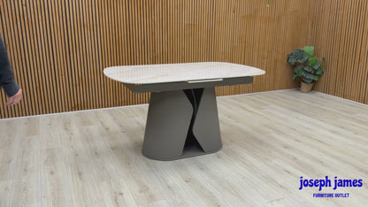 'Ivy' Neutral Marble Effect Ceramic Top 140cm Extending Dining Table + 6 Taupe Faux Leather Cantilever Chairs