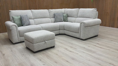 Product video tour of the ‘Nixon’ Oyster Fabric Corner Sofa, demonstrating the fabric’s durability, the seat comfort, and the storage capacity of the footstool.