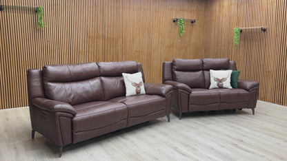 ‘Panache’ Chocolate Cat-60:08 Leather 3 Seater Power Recliner Sofa with Power Headrests + 2 Seater Power Recliner Sofa Set
