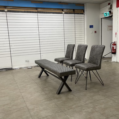 ‘Brooklyn' Grey Upholstered Large Dining Bench + 3 Dining Chairs