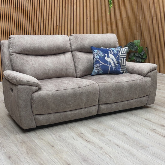 Product video demonstration of the ‘Sloane’ Marble Charcoal Grey Fabric Power Recliner Sofa, showing the smooth, quiet operation of the motorized reclining mechanism, headrest flexibility, and fabric texture.