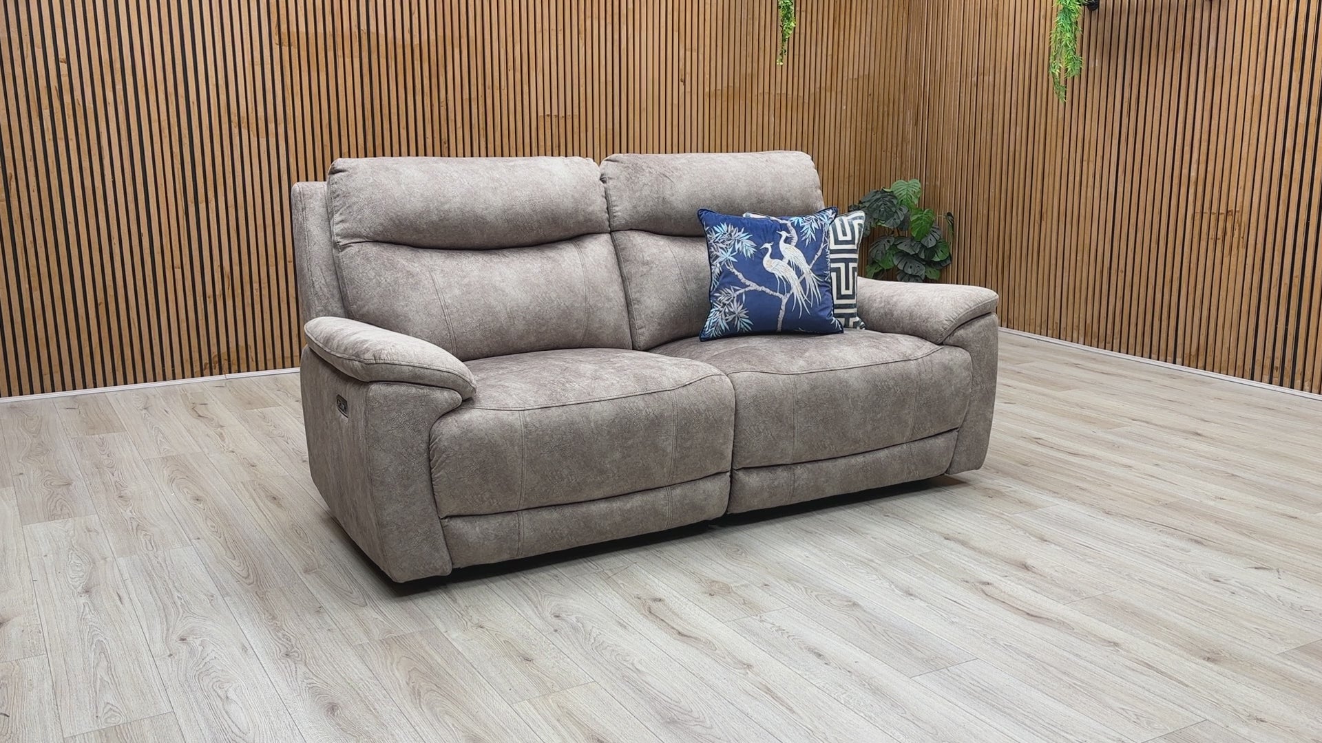 Product video demonstration of the ‘Sloane’ Marble Charcoal Grey Fabric Power Recliner Sofa, showing the smooth, quiet operation of the motorized reclining mechanism, headrest flexibility, and fabric texture.