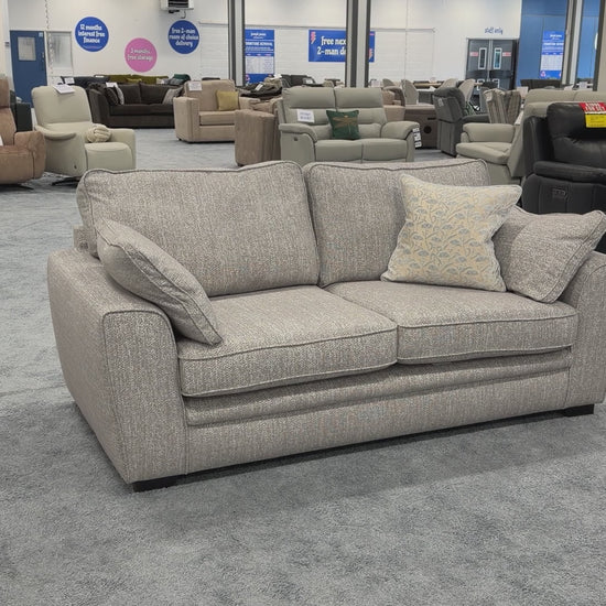 Product walk-around of the Chalfont Tamango Grey 3-Seater Sofa, demonstrating the fabric texture, cushion firmness, and overall build quality.