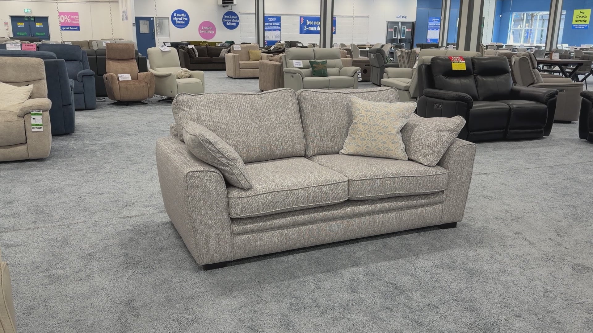 Product walk-around of the Chalfont Tamango Grey 3-Seater Sofa, demonstrating the fabric texture, cushion firmness, and overall build quality.